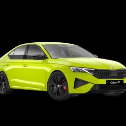 MIKAR MIKOŁAJ KARPIŃSKI - Żółto-zielona Skoda Octavia RS na czarnym tle, prezentowana z boku, z widocznymi czarnymi felgami i czerwonymi zaciskami hamulcowymi.