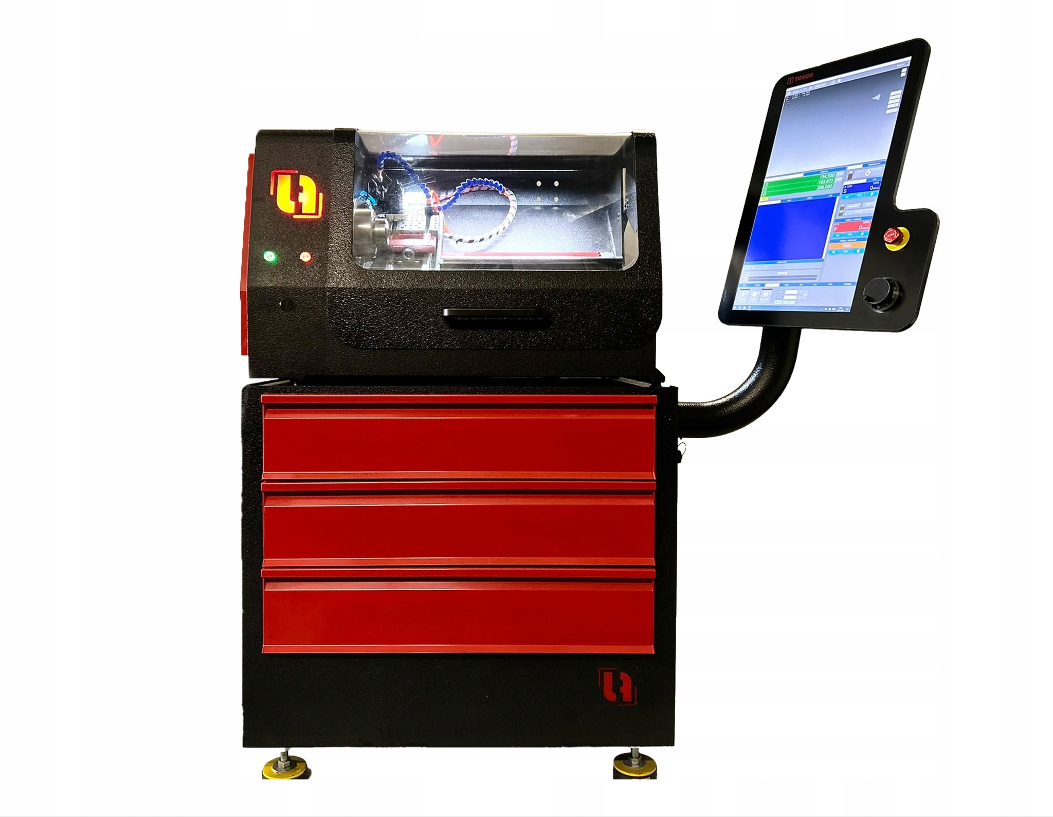 Czarno-czerwona frezarka CNC z ekranem dotykowym i trzema szufladami, widoczna wnęka robocza z elementem obrabianym.