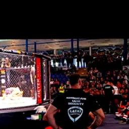 Ochroniarz z logiem 'Łącki Security' na czarnej koszulce, stojący tyłem do kamery podczas wydarzenia sportowego MMA, z widoczną klatką i publicznością w tle.