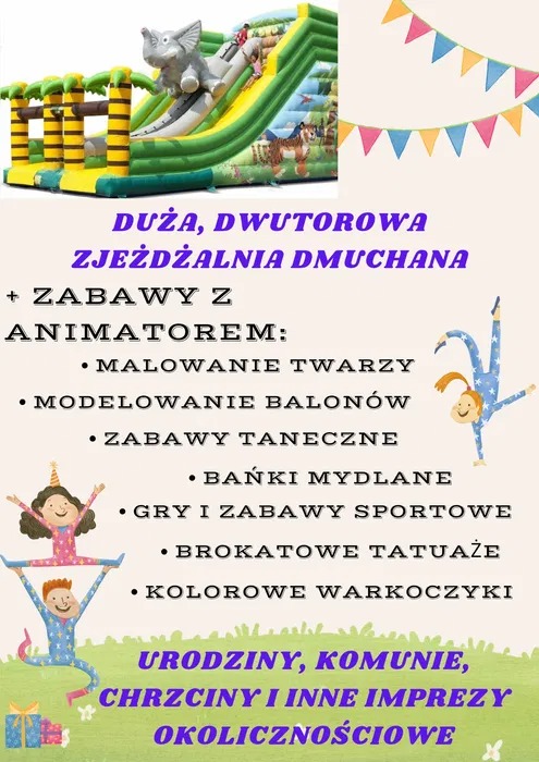 Grafika reklamowa dmuchanej, dwutorowej zjeżdżalni z motywem słonia i propozycjami zabaw z animatorem, w tym malowanie twarzy, modelowanie balonów, bańki mydlane i brokatowe tatuaże, idealna...