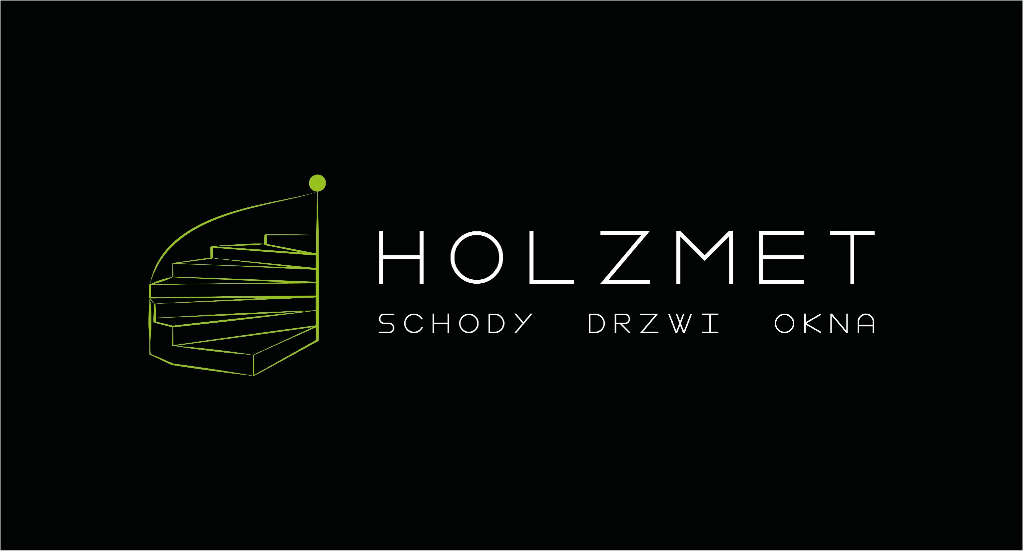 Logo firmy Holzmet z zielonym schematycznym rysunkiem schodów spiralnych i napisem SCHODY DRZWI OKNA
