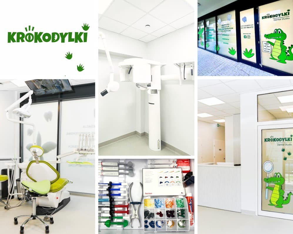 Kompozycja zdjęć prezentująca wnętrze i wyposażenie nowoczesnego gabinetu stomatologicznego z zielonymi akcentami w postaci logo z krokodylem i elementami wystroju, w tym unit stomatologiczny...