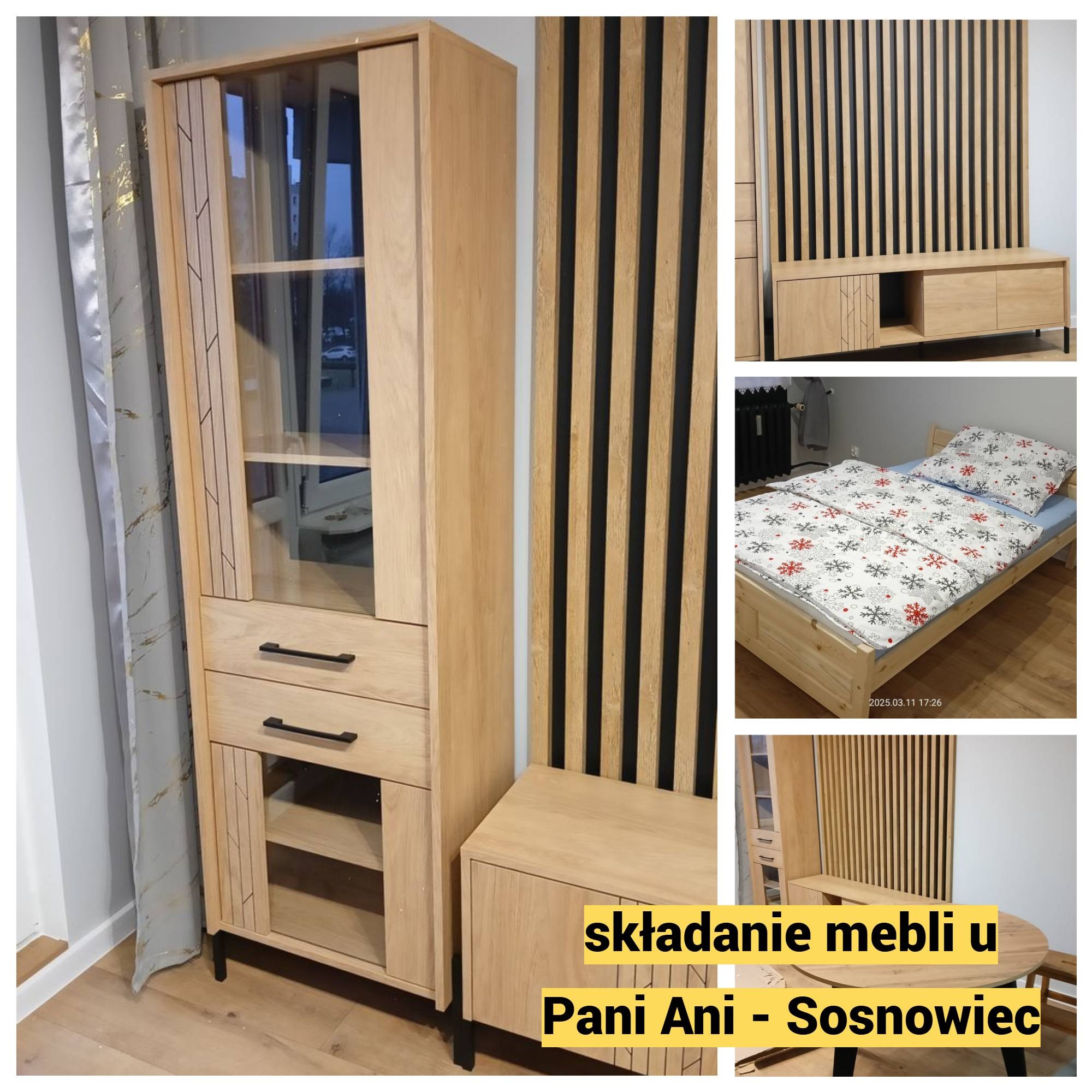 Witrynka + eRTVałka + Łóżko + Stół + stoliki kawowe. Dużo roboty, wyszło wszystko perfekcyjnie.