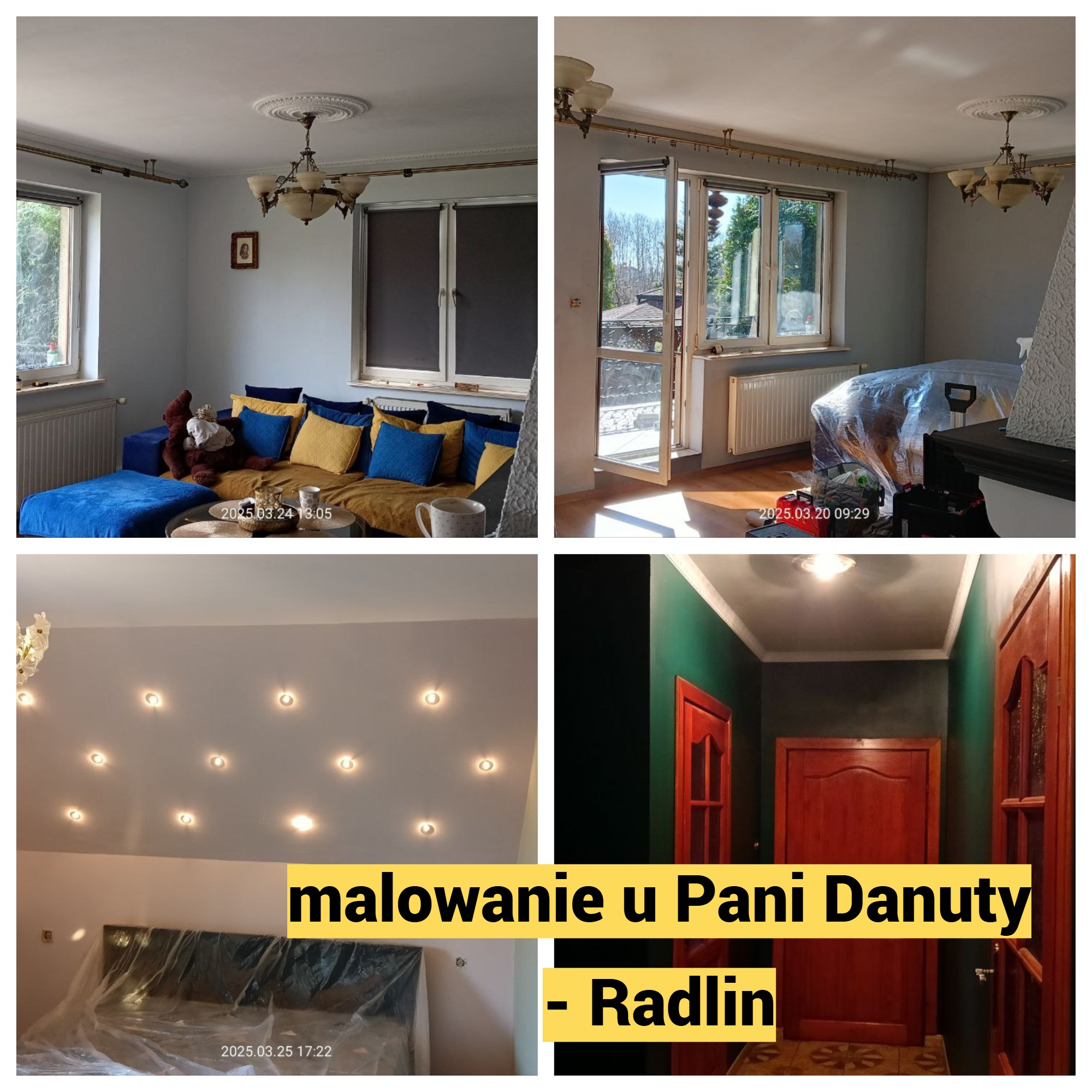 Cztery kadry z malowania mieszkania: salon z niebiesko-żółtą kanapą i pomalowanymi ścianami, pokój zabezpieczony folią malarską, sufit z licznymi halogenami zabezpieczony folią, korytarz...