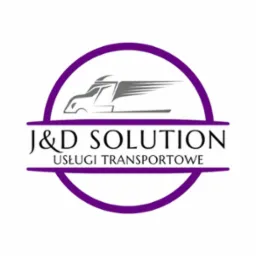 Logo firmy transportowej J&D Solution z graficznym symbolem pędzącej ciężarówki w fioletowo-szarej kolorystyce, umieszczone na białym tle.