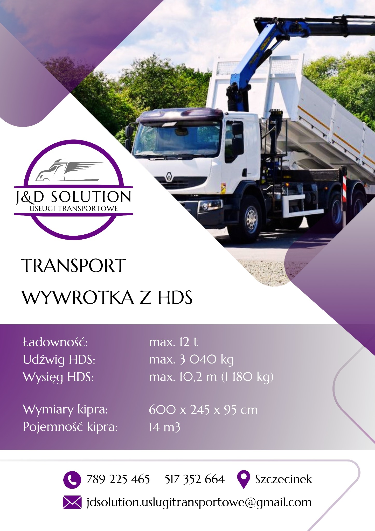 Grafika reklamowa prezentująca białą wywrotkę z HDS (Hydrauliczny Dźwig Samochodowy) na tle zieleni, z widocznym wysięgnikiem dźwigu i skrzynią ładunkową, obok logo firmy transportowej i danych...
