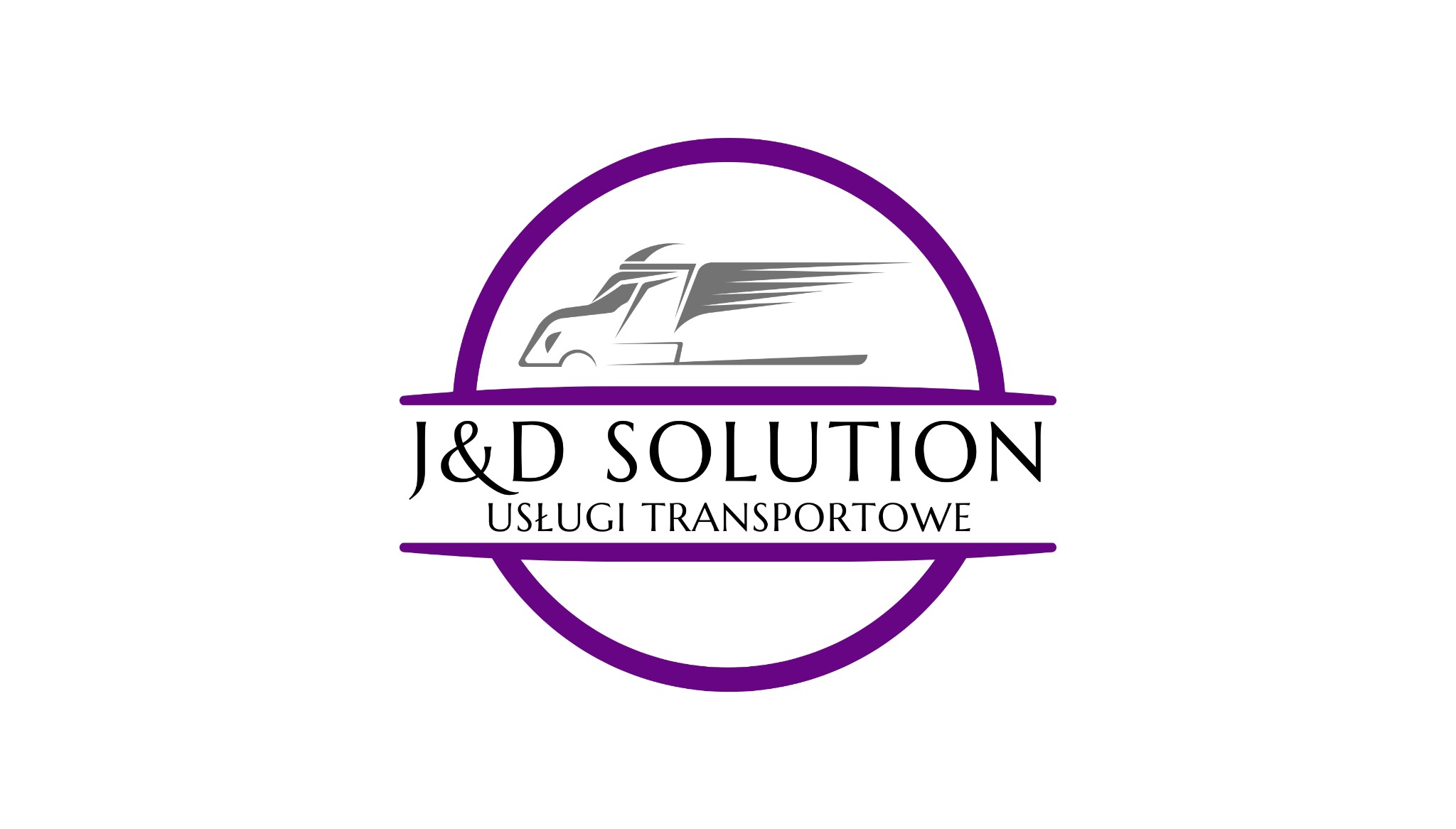 Logo firmy transportowej J&D Solution z graficznym symbolem pędzącej ciężarówki w fioletowo-szarej kolorystyce, umieszczone na białym tle.