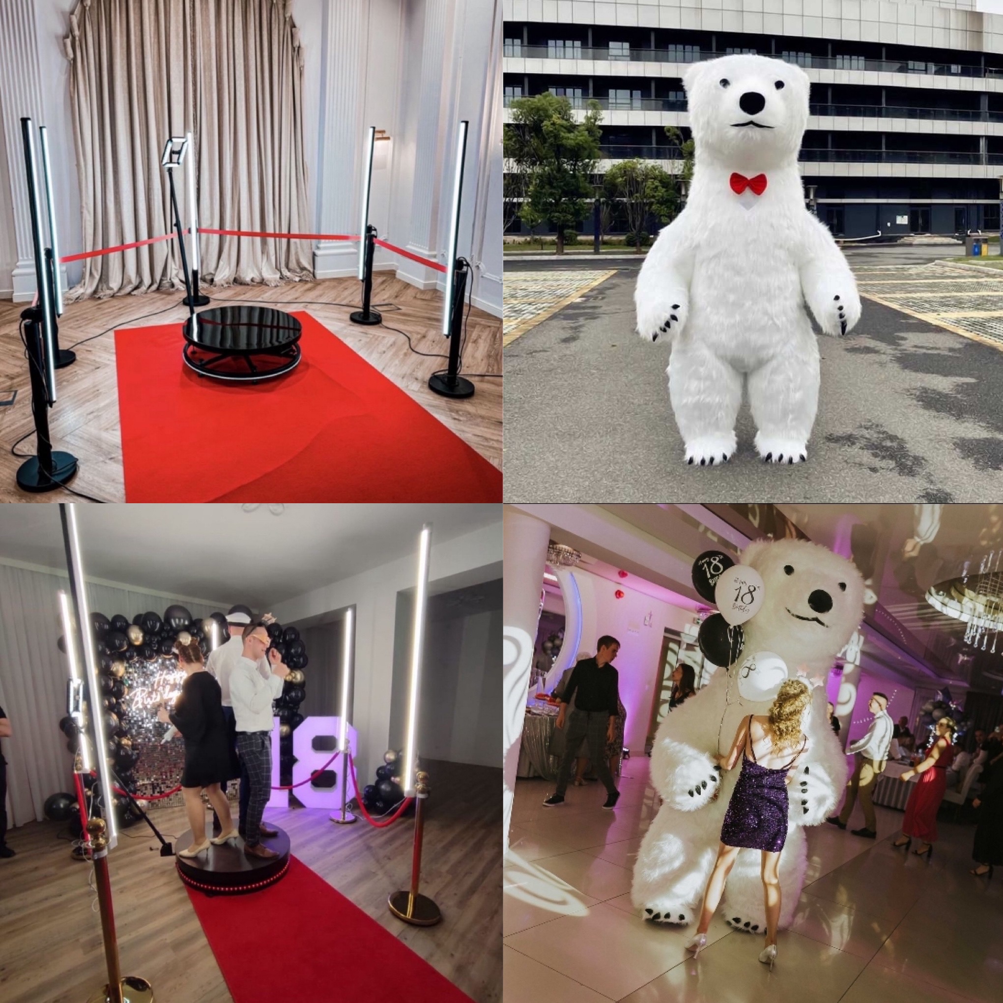 Zestawienie czterech kadrów: obrotowa platforma z oświetleniem i czerwonym dywanem w eleganckim wnętrzu, biały kostium niedźwiedzia polarnego z czerwoną muszką na zewnątrz budynku, ludzie...