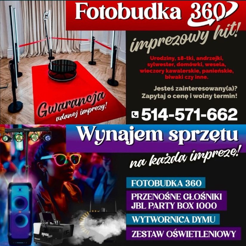 Reklama wynajmu sprzętu na imprezy: fotobudka 360, głośniki JBL Party Box 1000, wytwornica dymu i zestaw oświetleniowy, z gwarancją udanej imprezy i numerem telefonu.