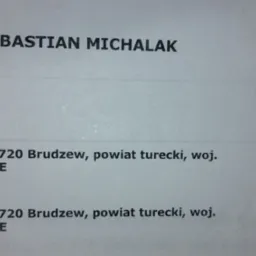 Fragment dokumentu z danymi firmy: imię i nazwisko Sebastian Michalak oraz adres Brudzew, powiat turecki.