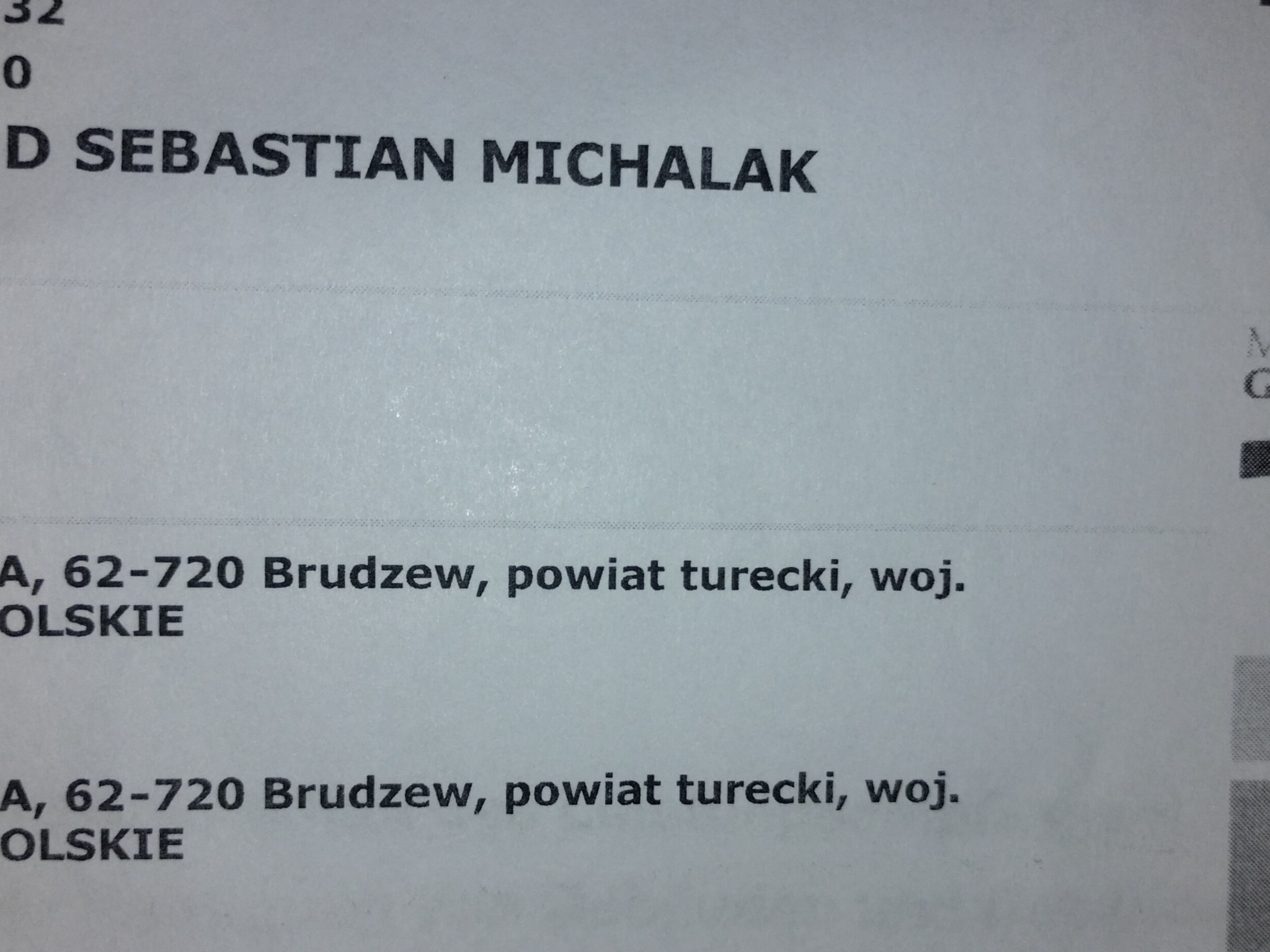 Fragment dokumentu z danymi firmy: imię i nazwisko Sebastian Michalak oraz adres Brudzew, powiat turecki.
