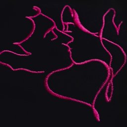 MTDesign Michał Tarnaski - Czarna tkanina z abstrakcyjnym, różowym haftem przedstawiającym profil twarzy kobiety i serce.