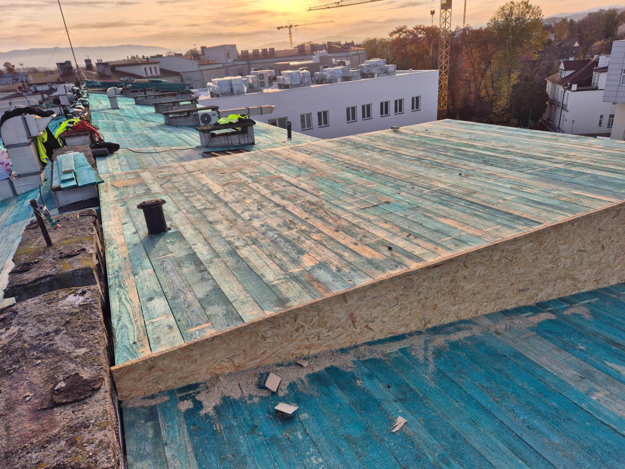 Niebieski, drewniany dach w trakcie budowy z widoczną konstrukcją z płyt OSB. W tle zabudowa miejska i żurawie budowlane.