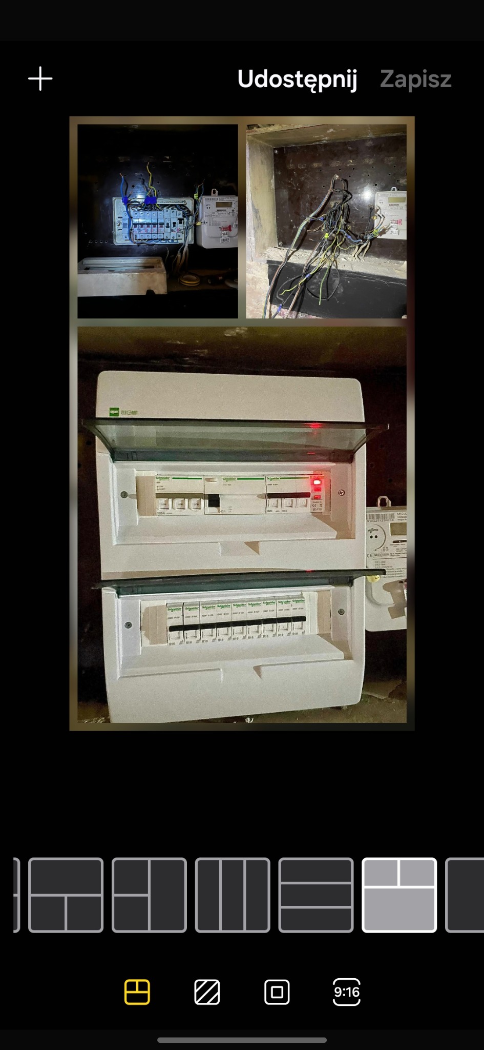 Rozdzielnica elektryczna dwusegmentowa, biała, z otwartą górną częścią, widoczne zabezpieczenia. U góry kolaż zdjęć stanu przed modernizacją.