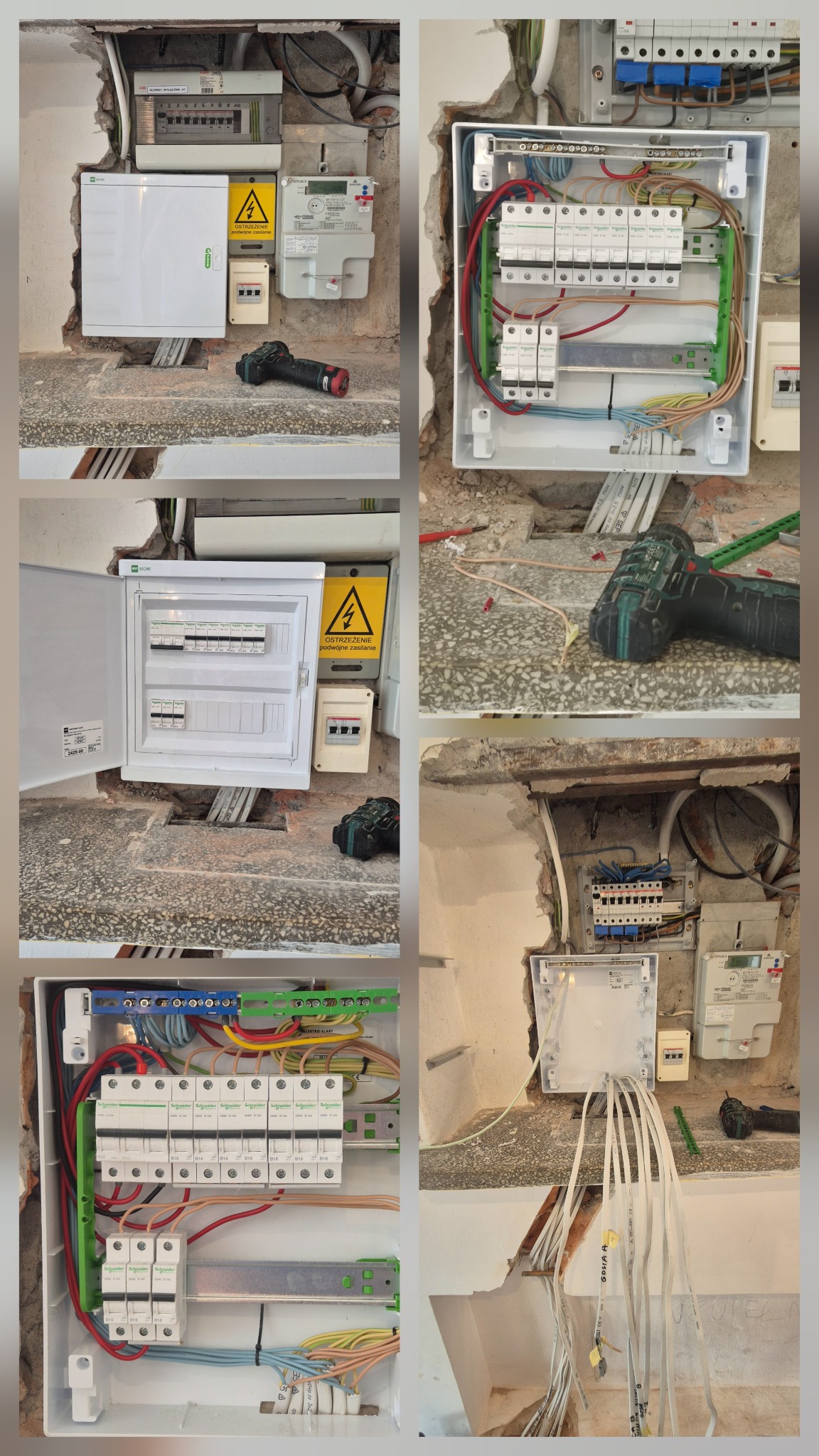 Kompozycja z sześciu ujęć: rozdzielnice elektryczne w trakcie montażu, widoczne kable, bezpieczniki, liczniki i narzędzia. Prace instalacyjne w surowym wnętrzu.