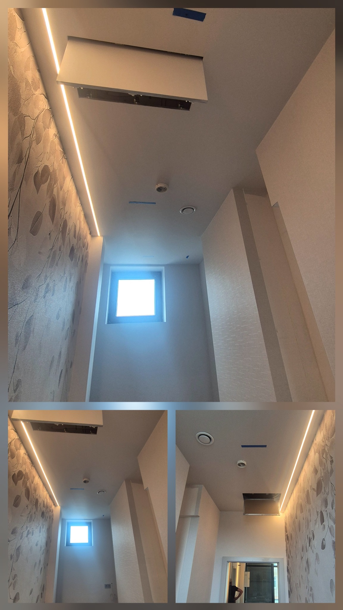 Nowoczesne oświetlenie LED wzdłuż ściany z wzorem liści, sufit z otworem rewizyjnym i czujnikiem dymu. Ujęcie z dołu, podkreślające design wnętrza.