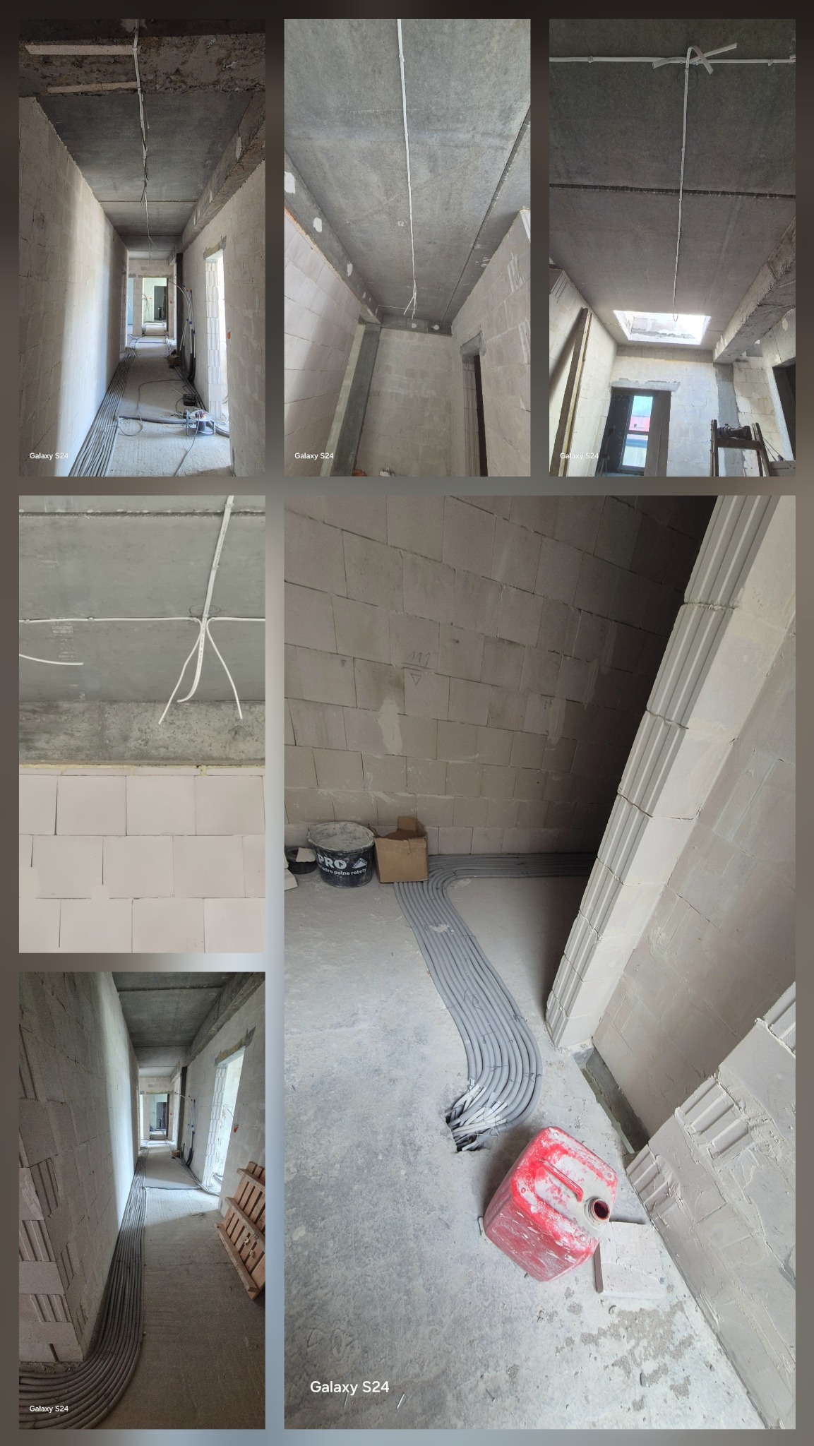 Instalacja elektryczna w trakcie montażu w Gdyni. Widoczne kable prowadzone po ścianach i suficie w surowym wnętrzu budynku. Etap prac przed tynkowaniem.