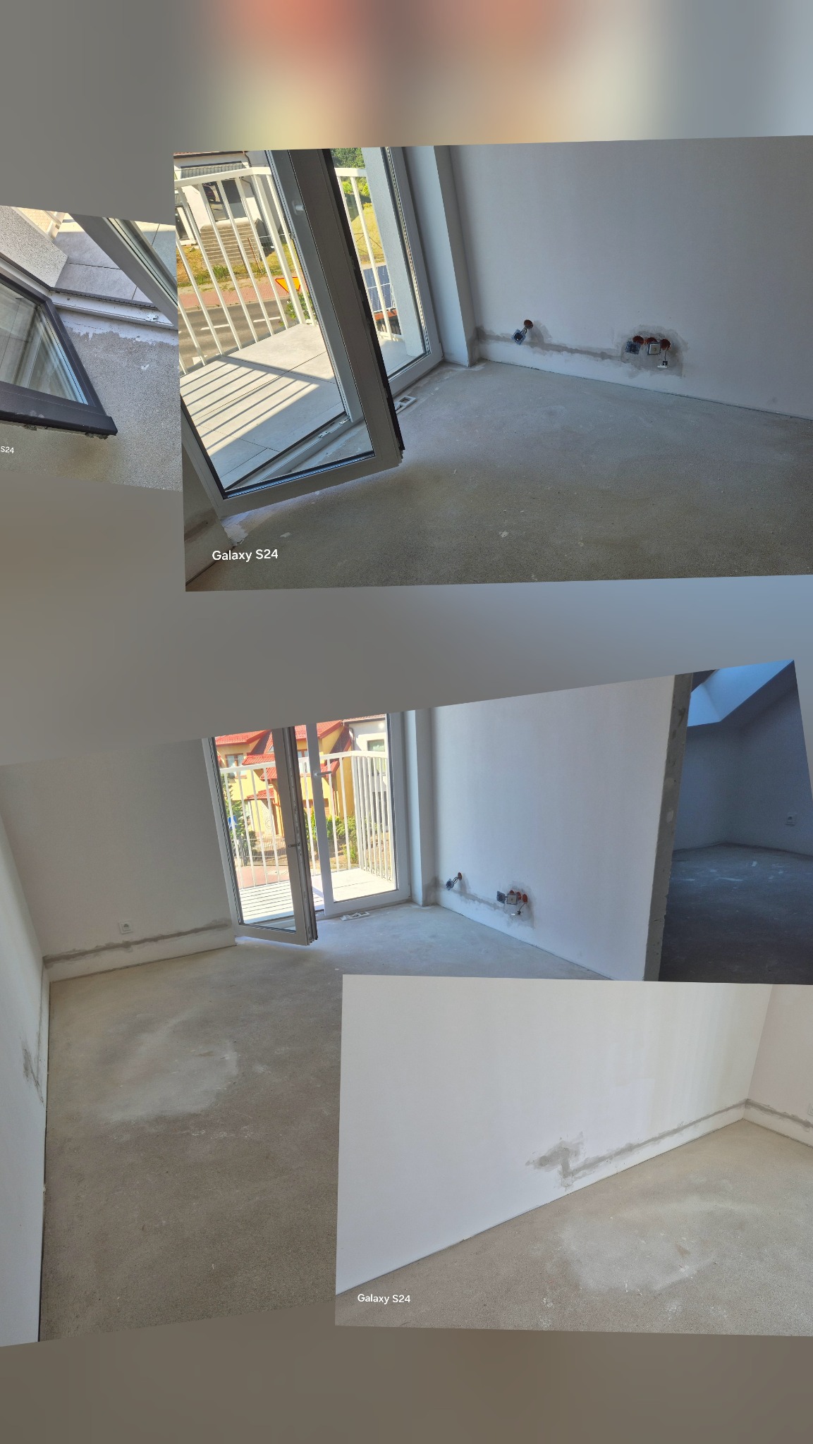 Surowy stan wnętrza z wyprowadzonymi przewodami elektrycznymi pod gniazdka, widok na balkon przez otwarte drzwi balkonowe. Szare ściany i podłoga.