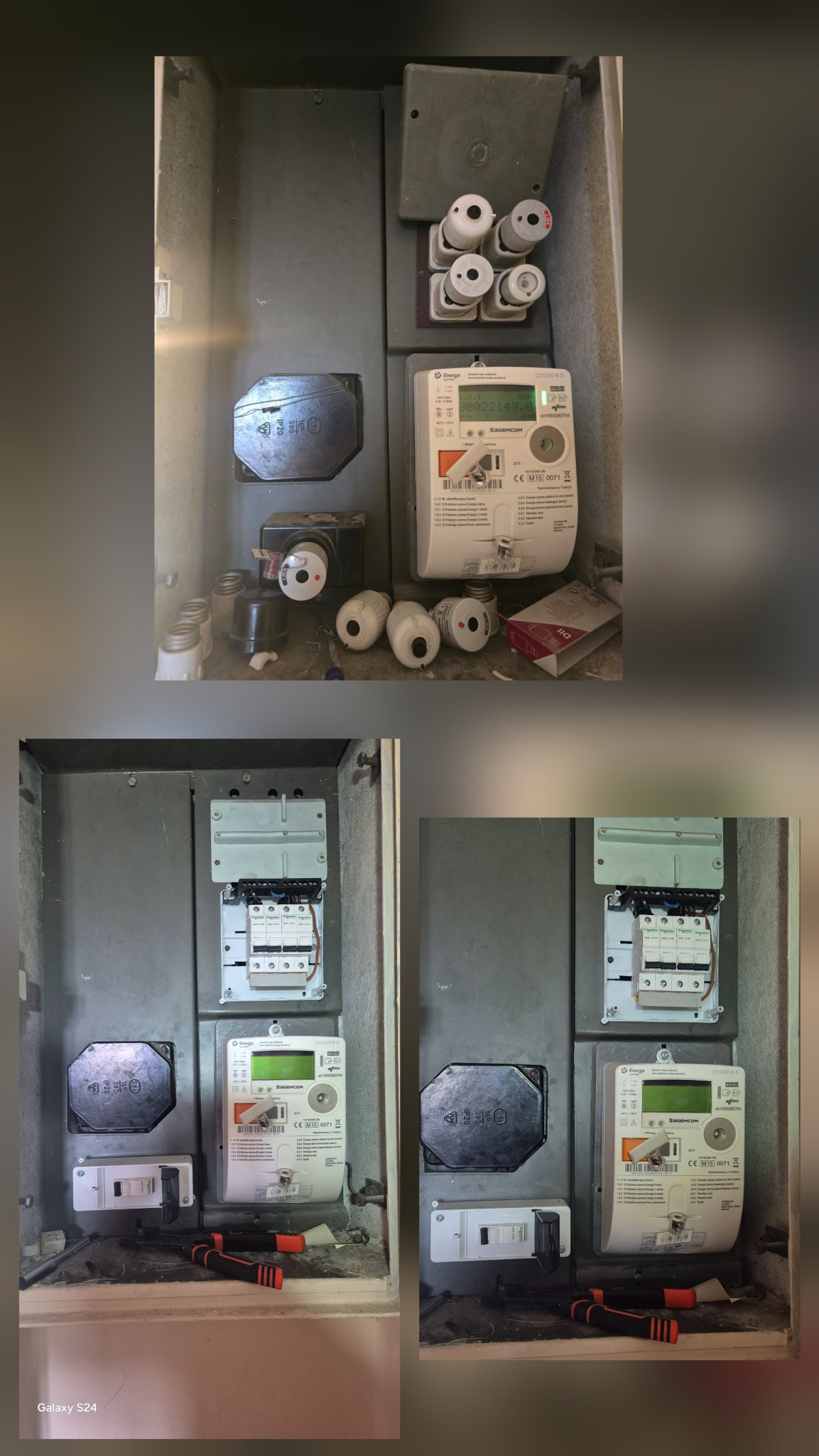 Szczegółowe ujęcie skrzynki elektrycznej z bezpiecznikami, licznikiem energii i narzędziami, ukazujące stan instalacji po potencjalnych pracach lub modernizacji.