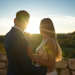 Para młoda na tle zachodzącego słońca i krajobrazu, panna młoda w koronkowej sukni, pan młody w granatowym garniturze, kamienny murek w tle.