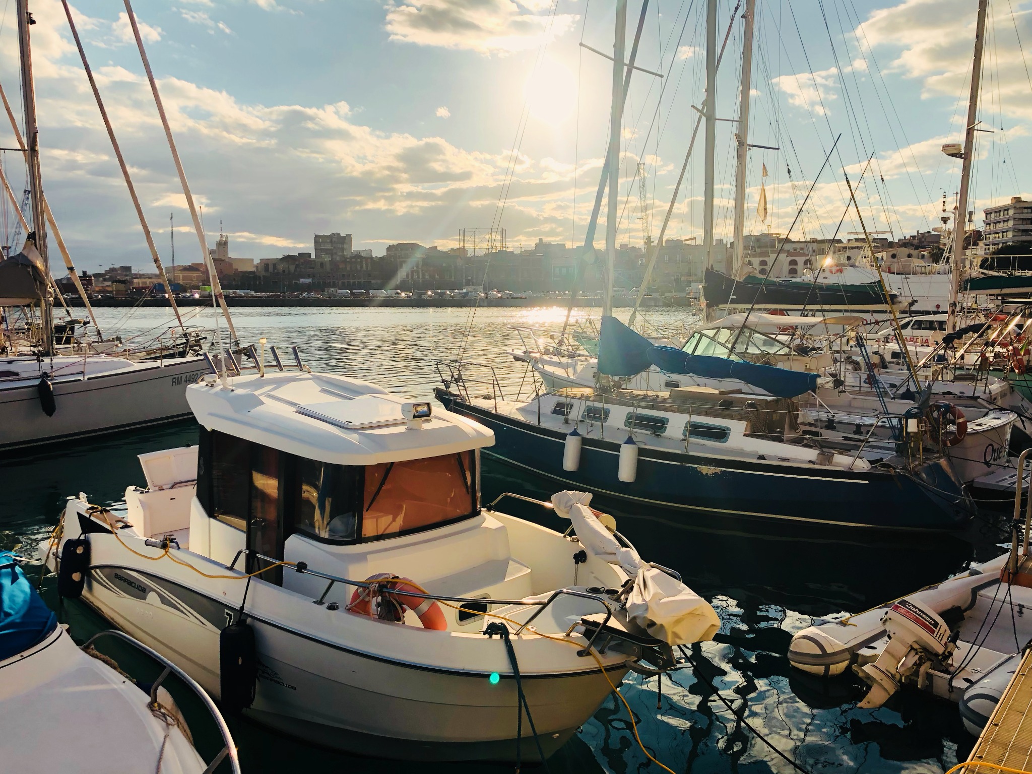 Marina z różnorodnymi łodziami i jachtami w słoneczny dzień, widoczny fragment miasta w tle.