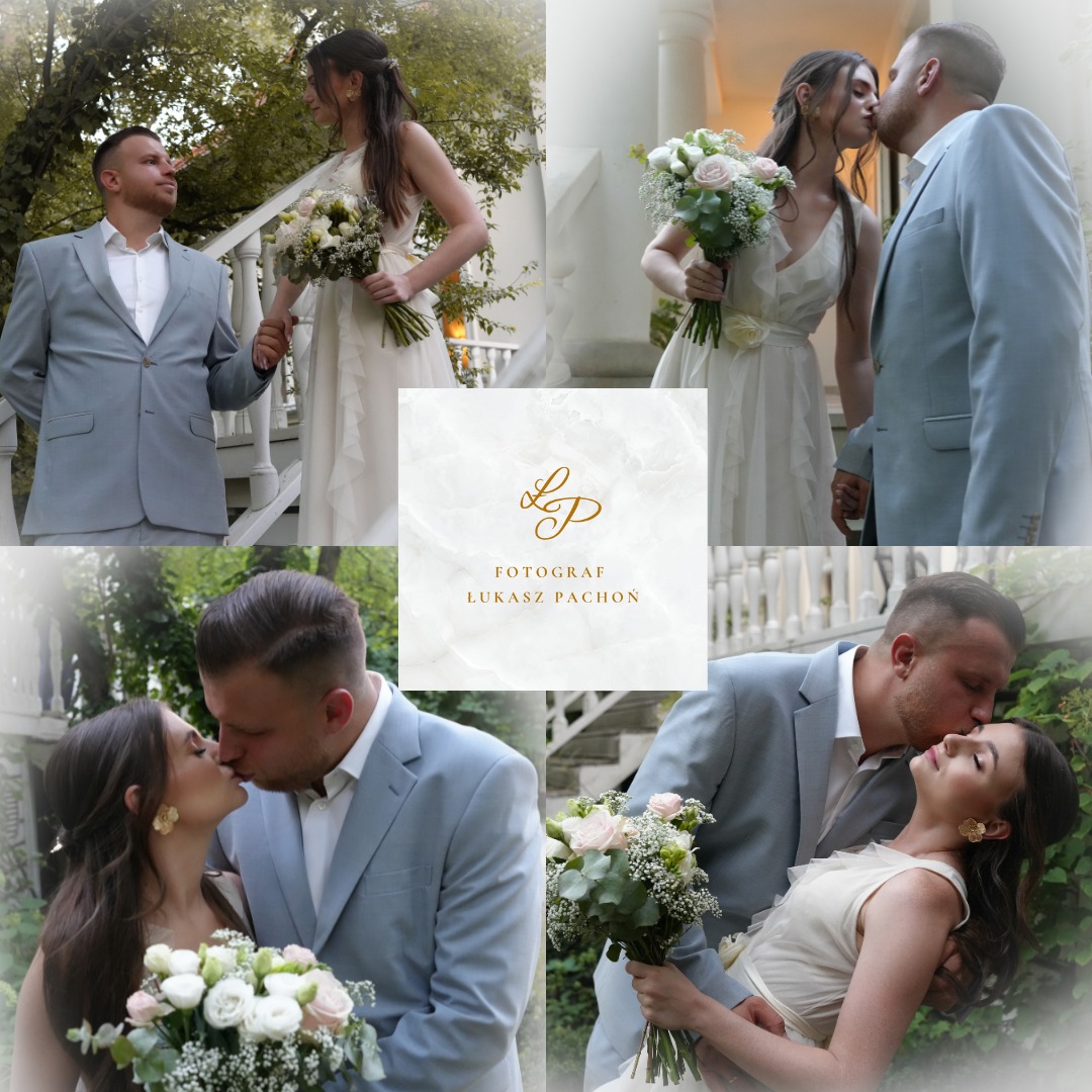 Kolaż z sesji ślubnej: para młoda w jasnych strojach, pocałunki na tle białych kolumn i zieleni, w centrum logo fotografa.