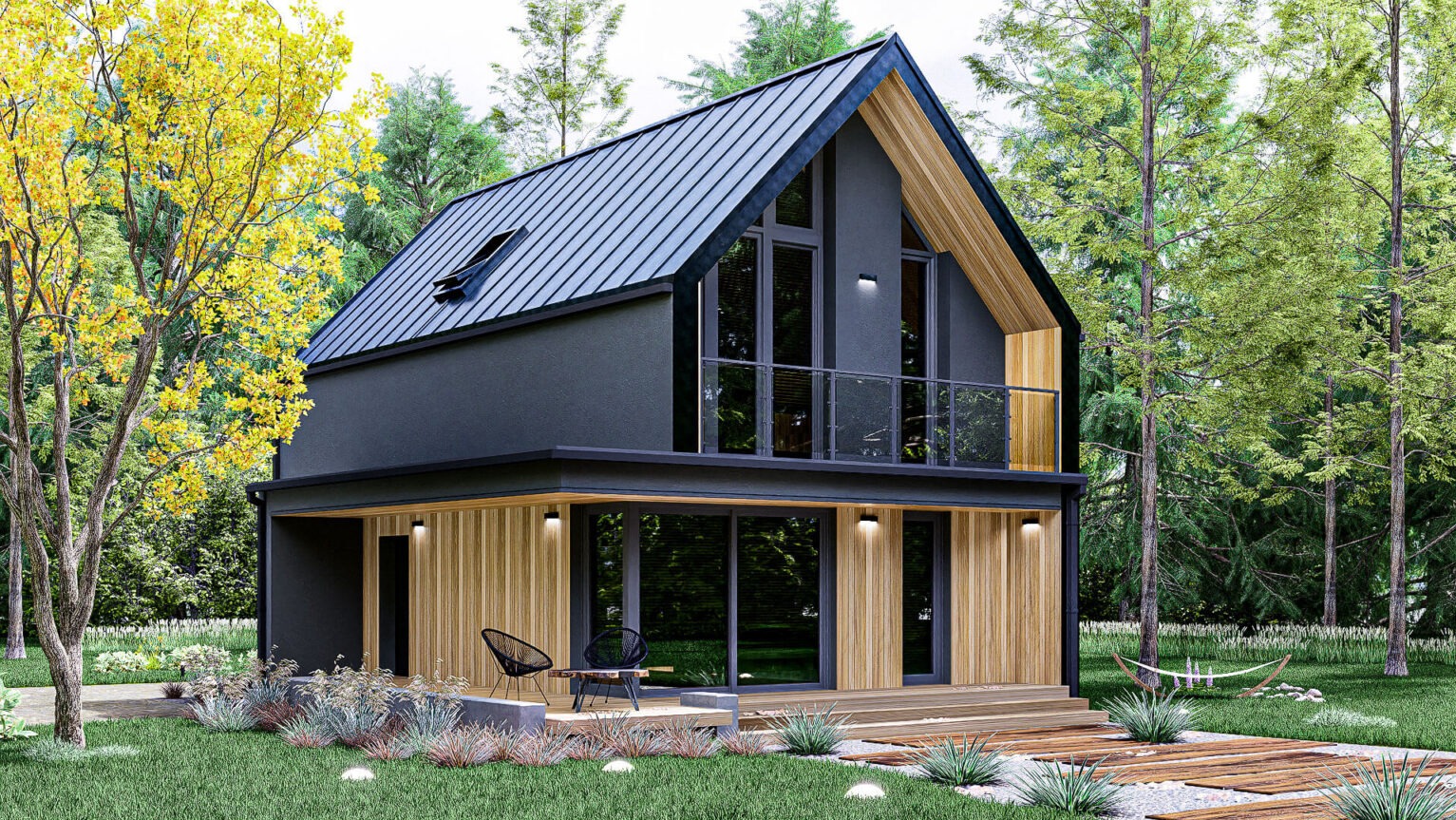 Dwukondygnacyjny dom z ciemną elewacją i drewnianą okładziną, z balkonem z balustradą ze szkła, otoczony zielenią i drzewami, z hamakiem w tle.