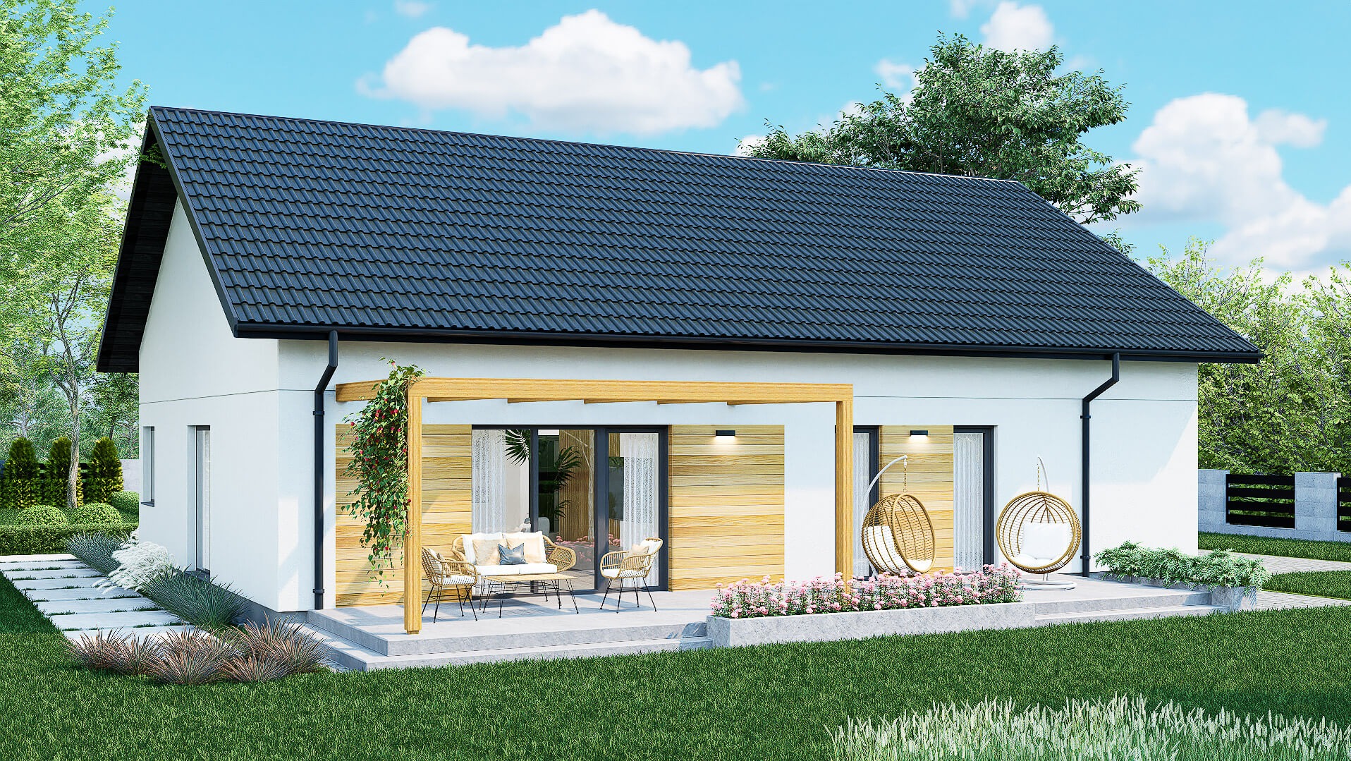Wizualizacja domu murowanego z czarnym dachem, drewnianą pergolą i tarasem z meblami ogrodowymi oraz wiszącymi fotelami.