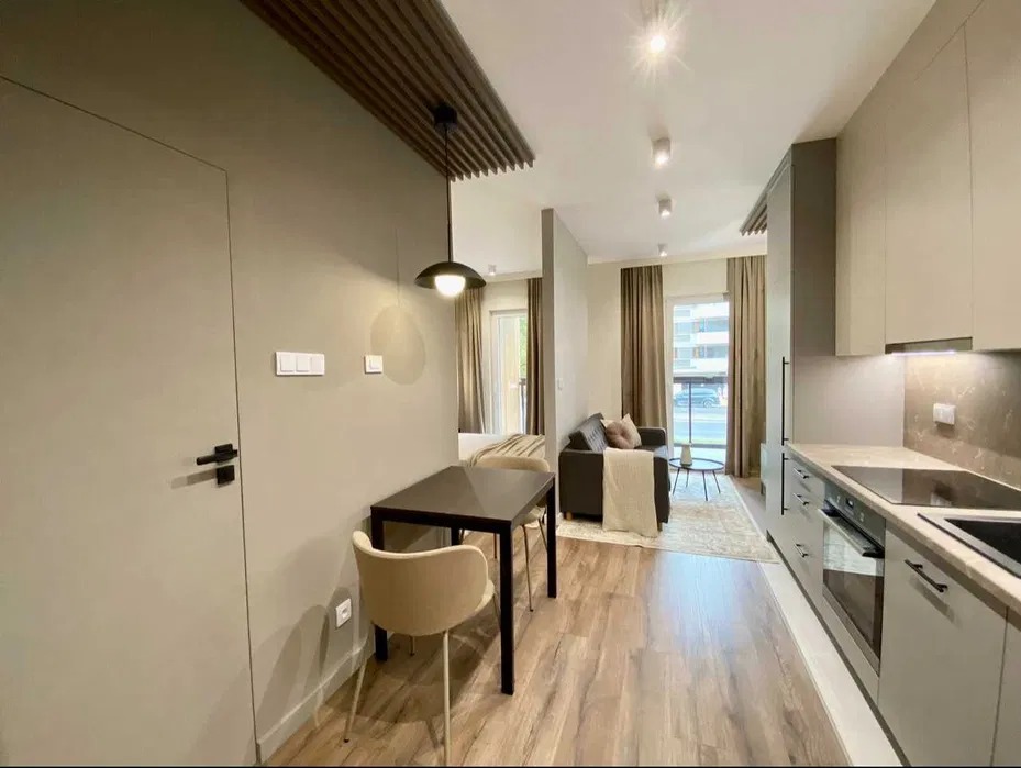 Nowoczesne wnętrze mieszkania z aneksem kuchennym, drewnianą podłogą i minimalistycznym wystrojem, widok na salon z sofą i oknem balkonowym.