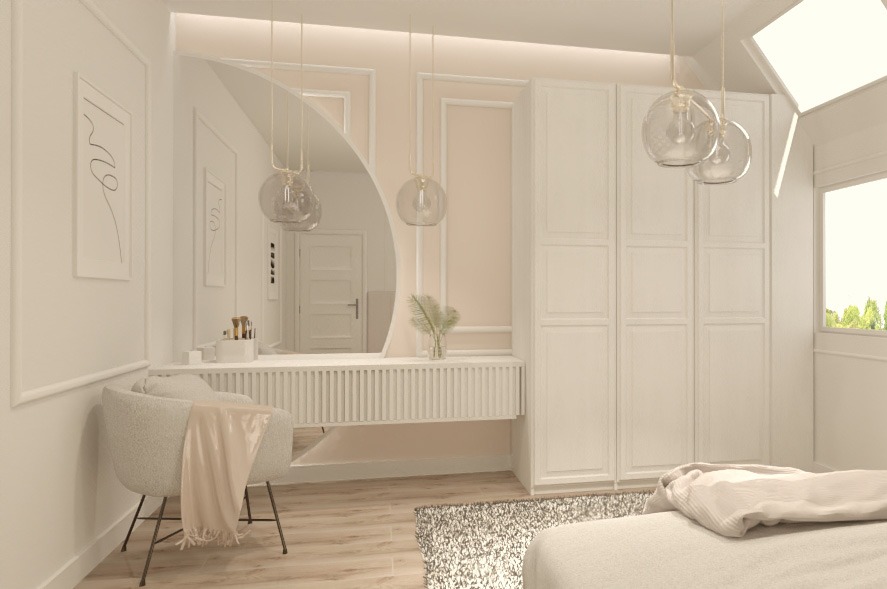 Jasna sypialnia z toaletką z unikalnym lustrem w kształcie łuku, wiszącymi szklanymi lampami i kremową szafą w zabudowie, uzupełniona tekstyliami w odcieniach bieli i beżu.