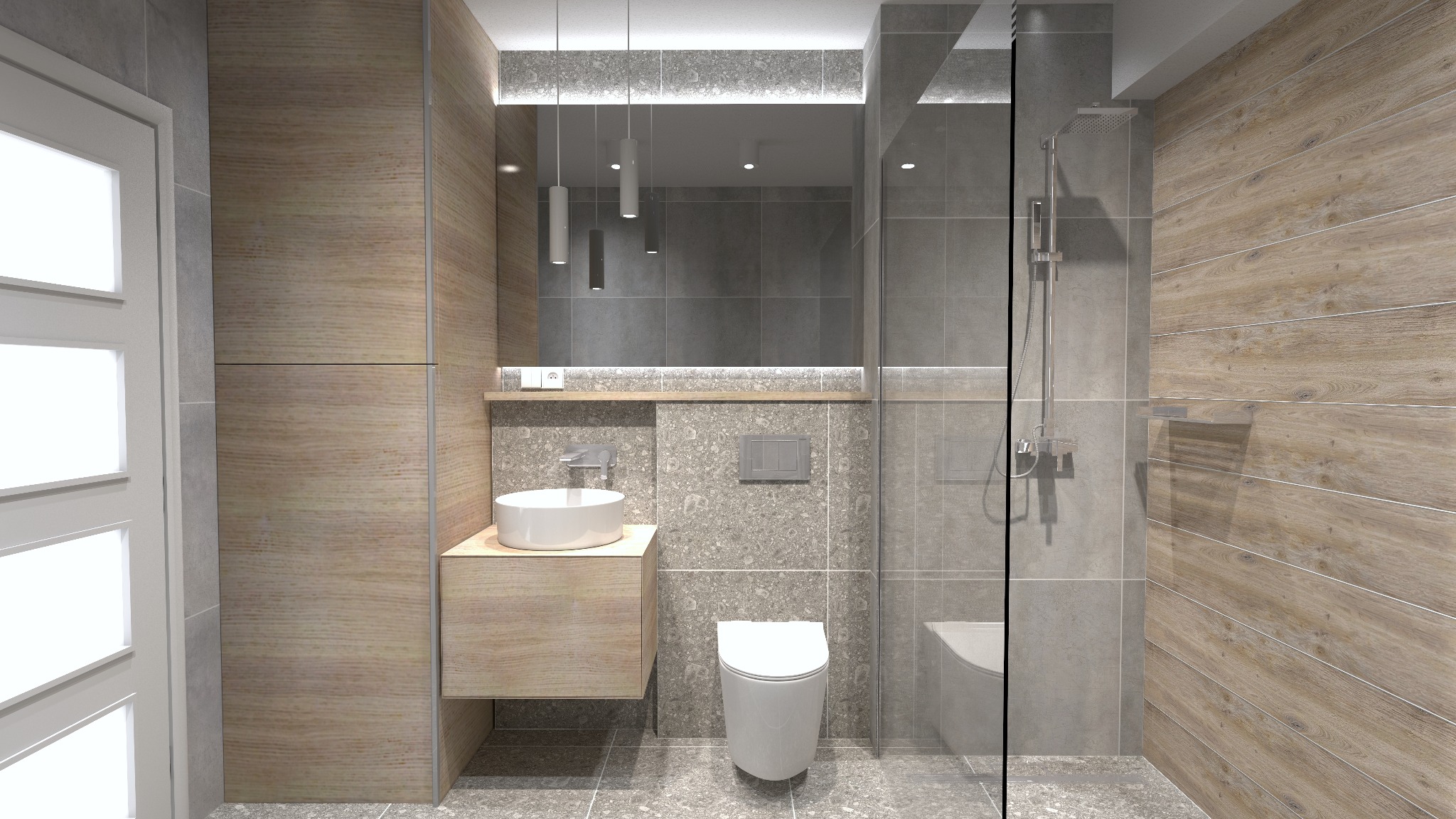 Wizualizacja łazienki z drewnianymi akcentami: umywalka nablatowa na szafce, toaleta podwieszana i kabina prysznicowa typu walk-in z deszczownicą.