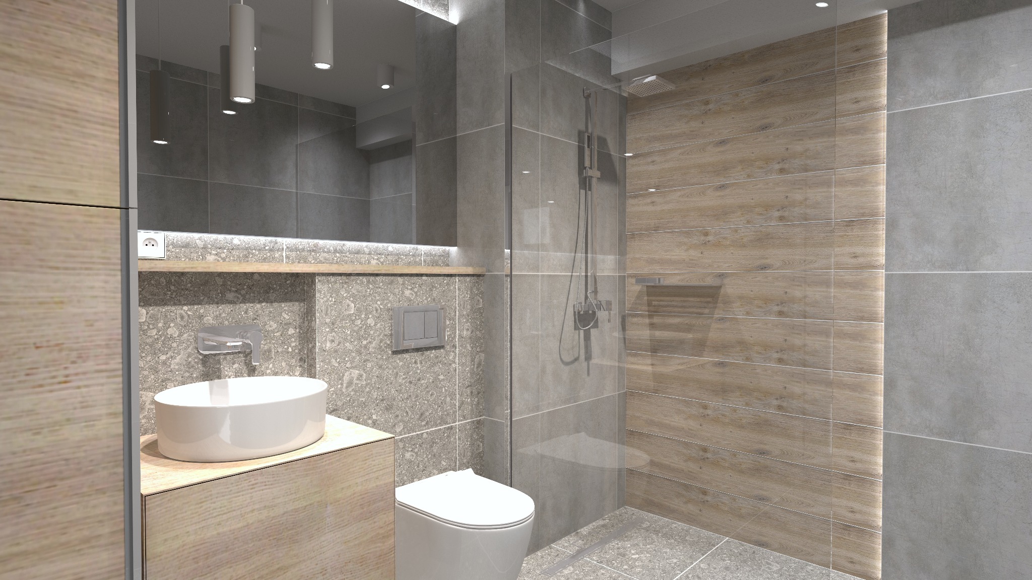 Wizualizacja łazienki w Krakowie z kabiną prysznicową typu walk-in, umywalką nablatową na drewnianej szafce i szarą mozaiką na ścianie.