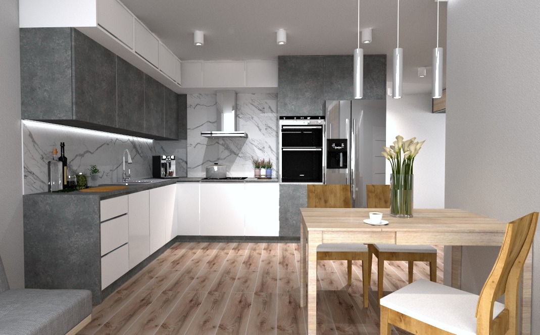Nowoczesna kuchnia z szarymi i białymi szafkami, marmurowym backsplashiem, drewnianą podłogą i stołem z krzesłami. Na blacie stoją butelki, zioła i ekspres do kawy. Na stole stoi filiżanka i wazon...