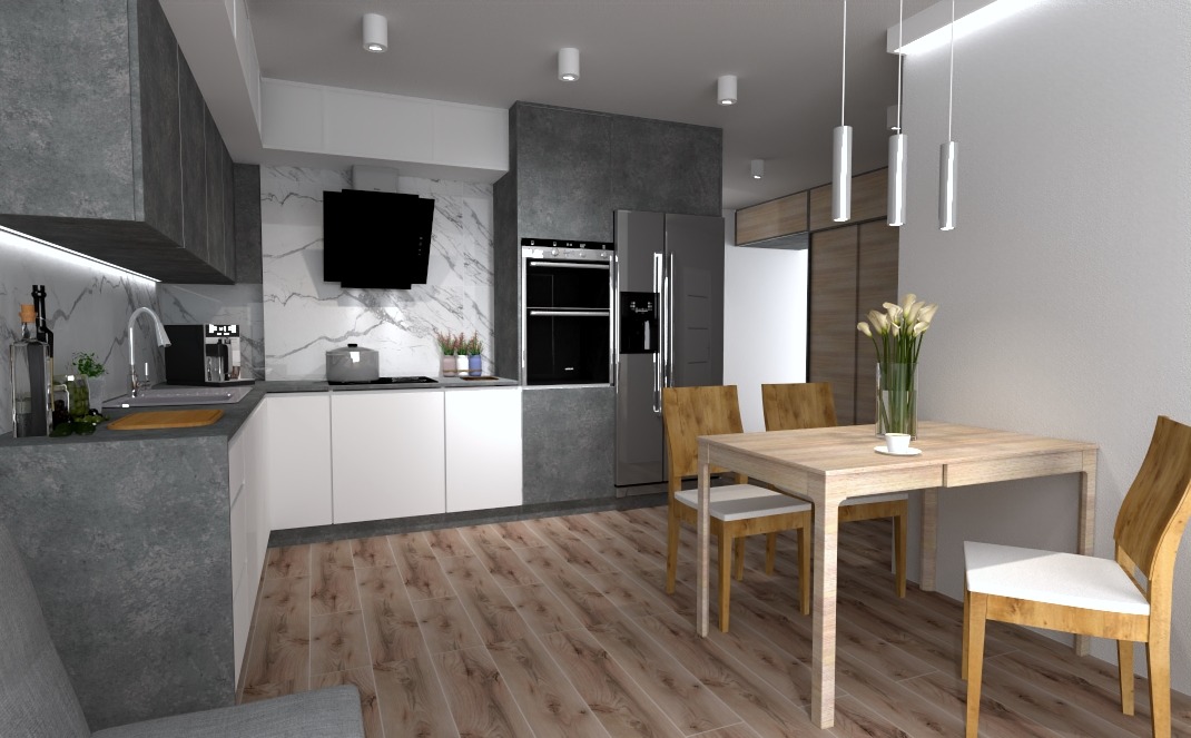Wizualizacja wnętrza kuchni z jadalnią, białe fronty szafek dolnych kontrastują z szarą okładziną ściany i blatem, drewniana podłoga i stół z krzesłami.