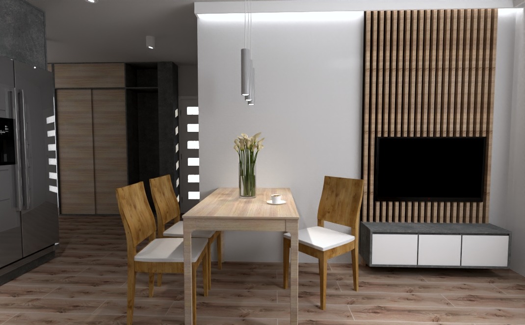 Wizualizacja jadalni z drewnianym stołem, krzesłami z białymi siedziskami, wazonem z białymi kwiatami i minimalistycznym oświetleniem wiszącym, na tle ściany z drewnianą okładziną i telewizorem.