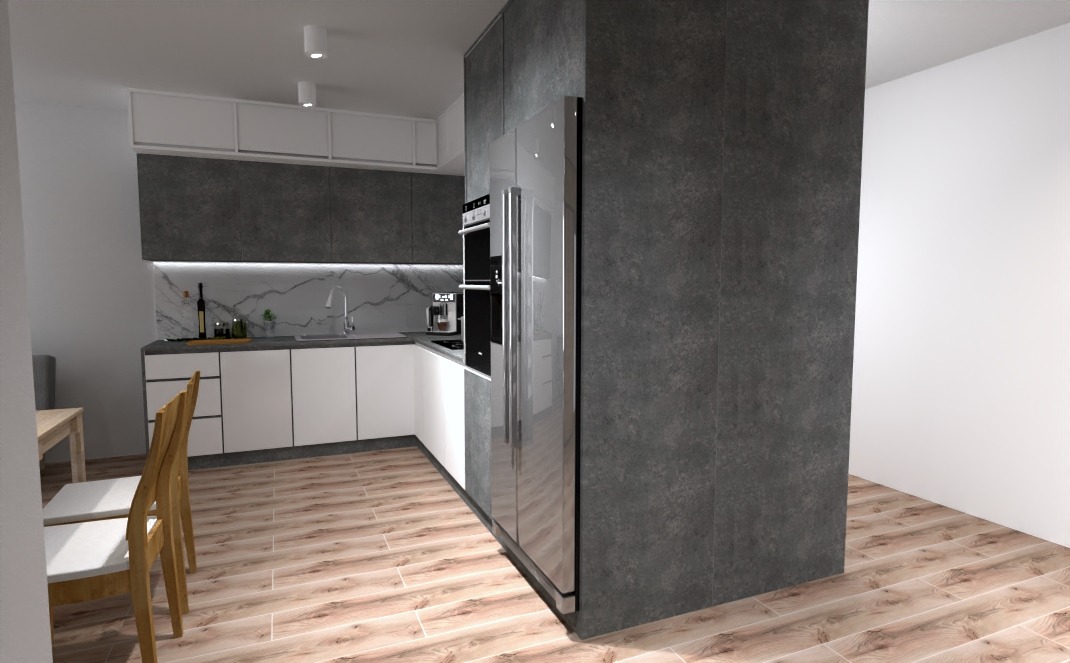 Wizualizacja nowoczesnej kuchni z białymi szafkami, blatem w kolorze ciemnego marmuru, drewnianą podłogą i dużym, srebrnym lodówko-zamrażarką, widziana z perspektywy jadalni z drewnianymi krzesłami.