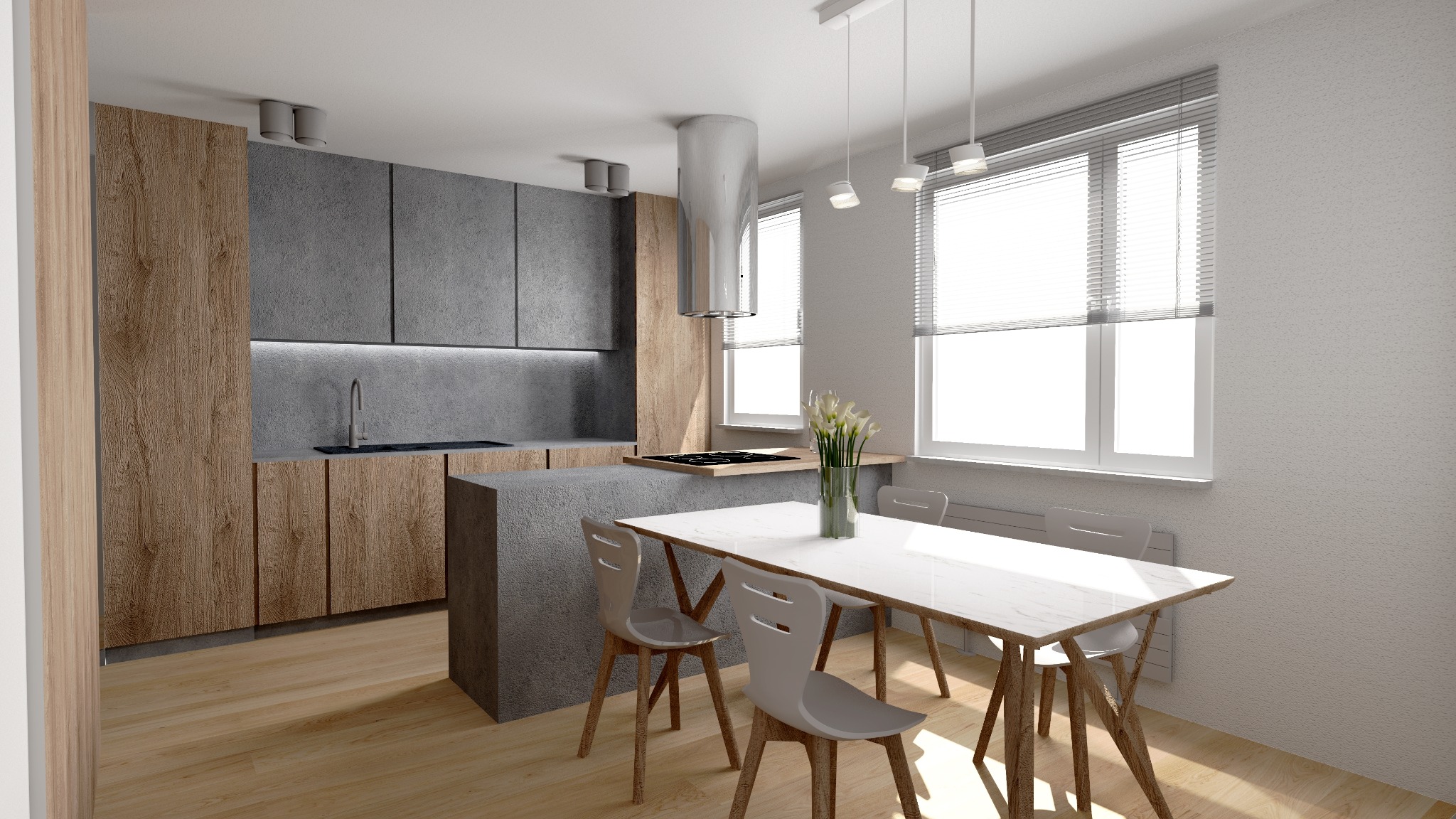 Nowoczesna kuchnia z drewnianymi i betonowymi szafkami, wyspą kuchenną, białym stołem jadalnym i kwiatami w wazonie.