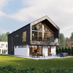 HAUKON Sp z.o.o firma budowlana - Wizualizacja dwukondygnacyjnego domu w stylu nowoczesnej stodoły, z czarną elewacją z drewna i białym sidingiem, dużymi przeszkleniami, tarasem z meblami ogrodowymi i zadbanym trawnikiem.