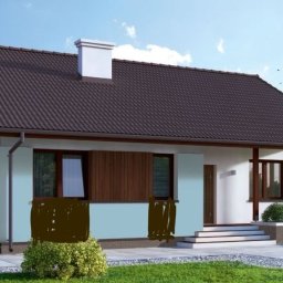HAUKON Sp z.o.o firma budowlana - Projekt parterowego domu z brązowym dachem, białymi ścianami i drewnianymi elementami elewacji, z widocznymi schodami wejściowymi i zadbanym trawnikiem.
