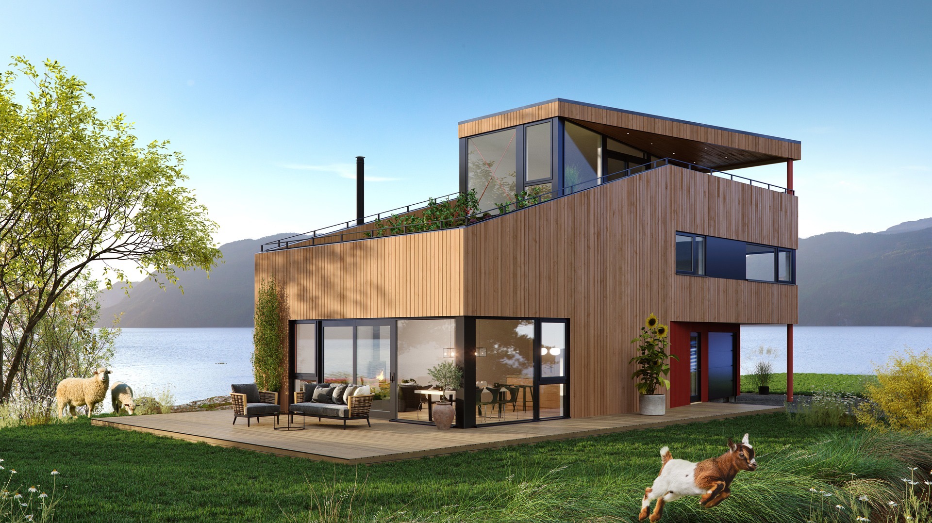 Nowoczesny dom z drewnianą elewacją i tarasem, widok na jezioro i góry, owce i koza na pierwszym planie, roślinność na dachu.