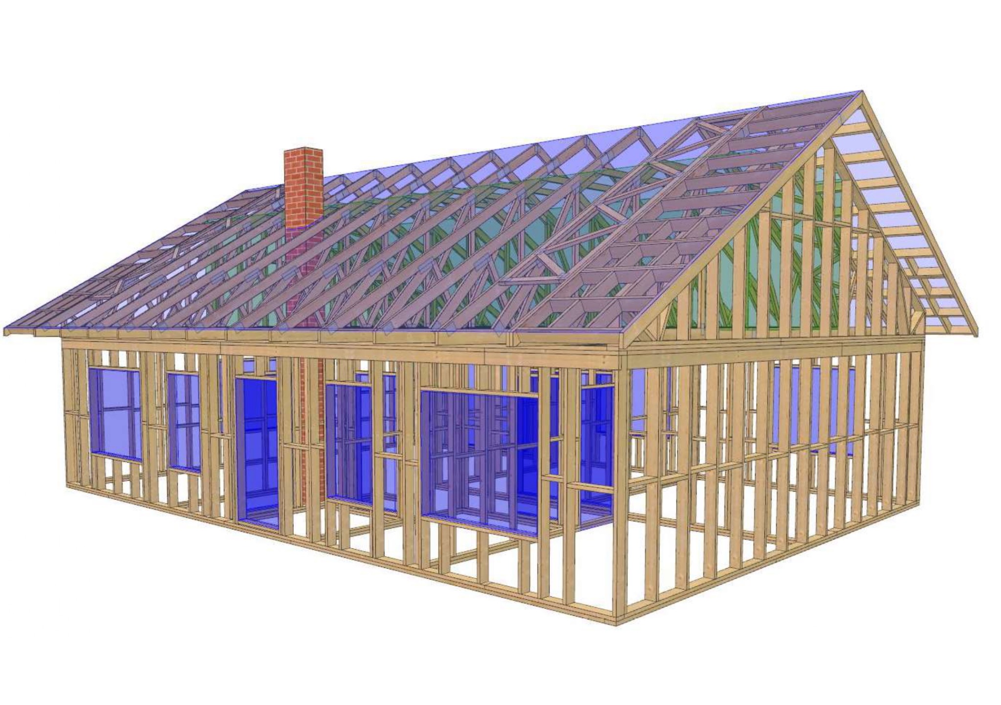 Wizualizacja 3D szkieletu domu z drewnianą konstrukcją ścian, dachu i kominem z cegły, z zaznaczonymi na niebiesko otworami okiennymi i drzwiowymi.