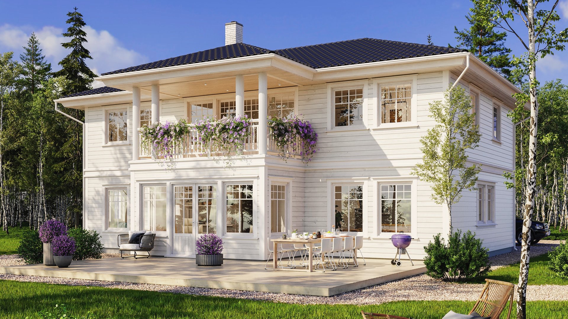 Wizualizacja dwukondygnacyjnego domu z białymi deskami elewacyjnymi, balkonem z kwiatami i tarasem z meblami ogrodowymi oraz grillem.
