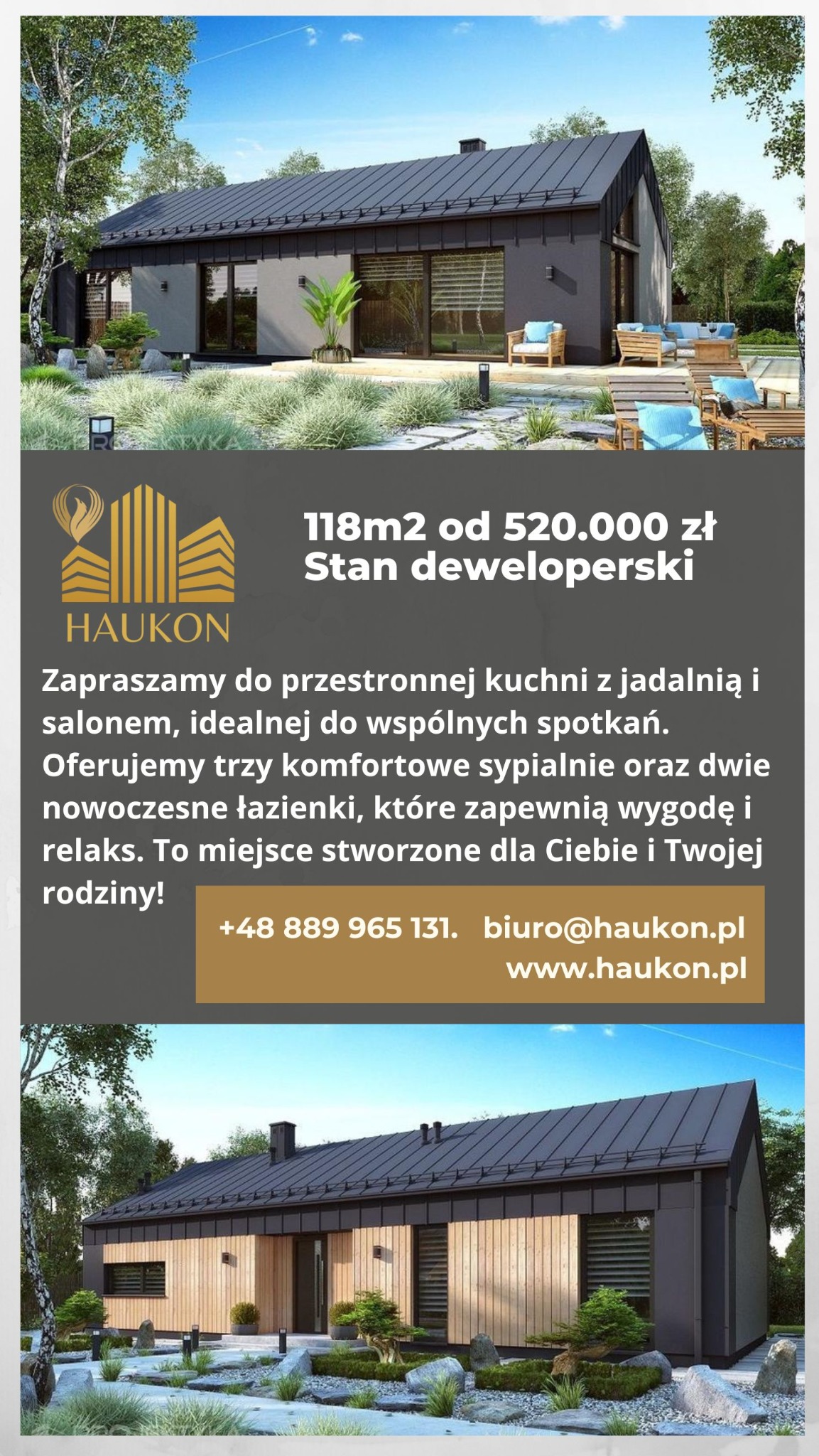 Nowoczesny dom z płaskim dachem i drewnianą elewacją. Uwagę przyciąga starannie zaprojektowany ogród z ozdobnymi kamieniami i niską roślinnością.