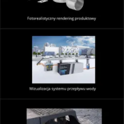 Fotorealistyczne wizualizacje systemu odprowadzania wody: rendering 3D odwodnienia liniowego, schemat systemu odprowadzania wody w otoczeniu miejskim, woda spływająca do odwodnienia liniowego.