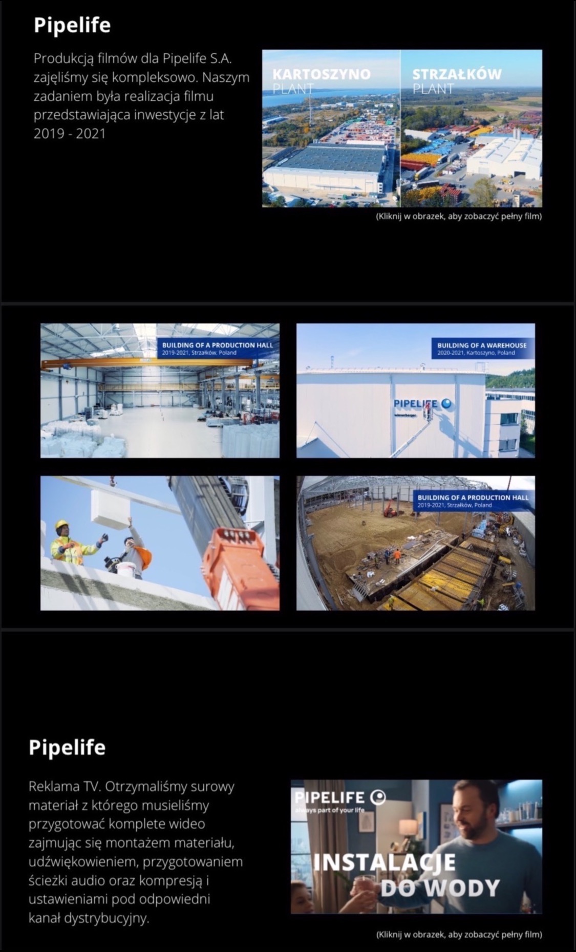 Kolaż z ujęciami z filmu dokumentalnego o budowie hal produkcyjnych i magazynów firmy Pipelife, prezentujący etapy inwestycji i gotowe obiekty.
