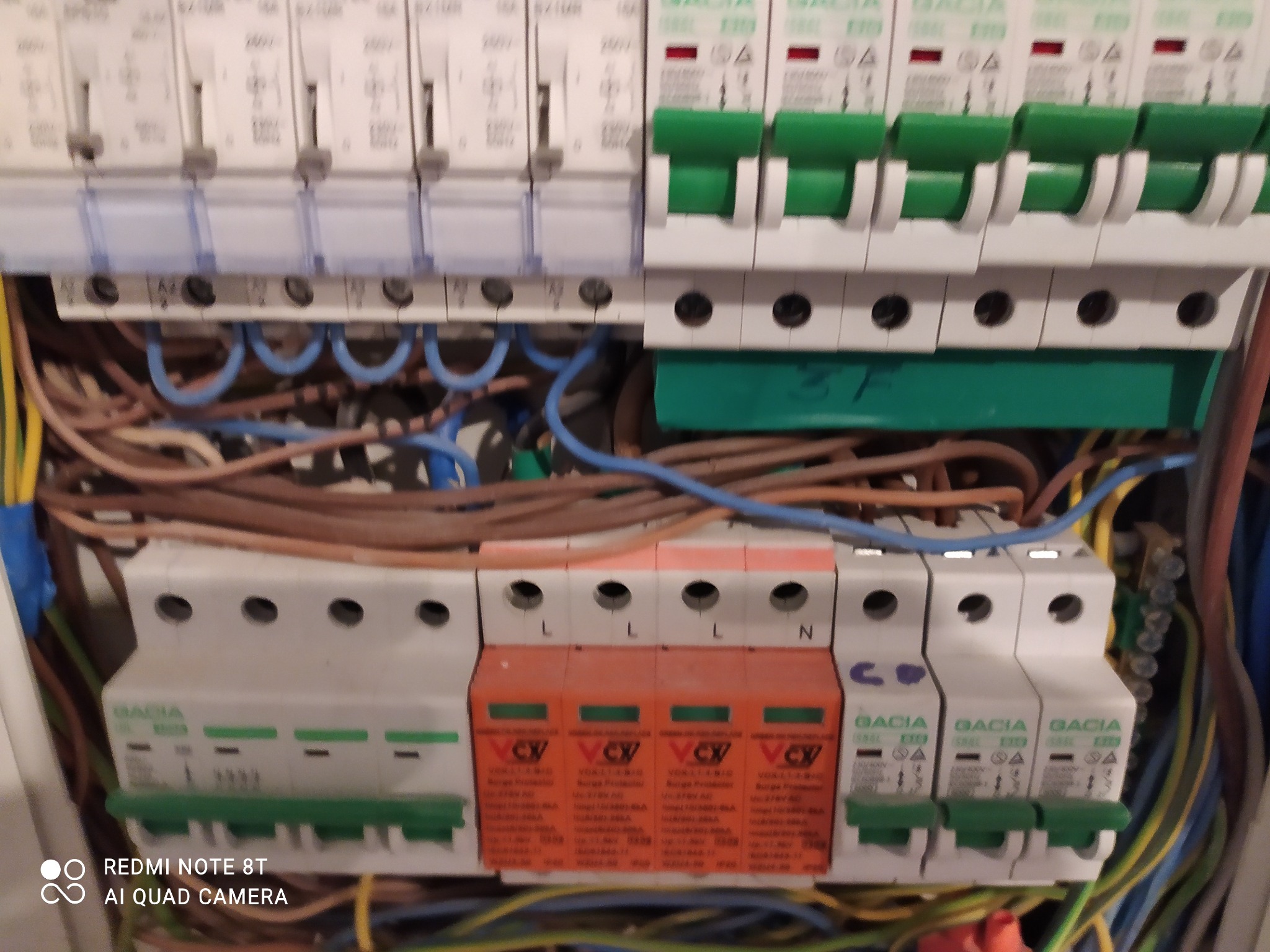 Rozdzielnica elektryczna z widocznymi bezpiecznikami, przewodami i zabezpieczeniami przeciwprzepięciowymi, z bliska, z elementami oznaczonymi symbolami L i N.