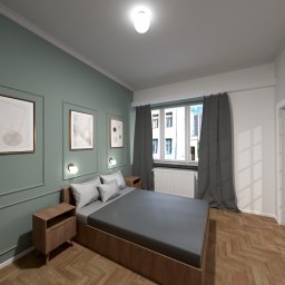 Archizaur Jarosław Stachyra - Sypialnia w mieszkaniu w stylu modernistycznym: ściany w kolorze szałwii z dekoracyjnymi listwami, drewniana podłoga w jodełkę, łóżko z szarą pościelą, stoliki nocne z lampkami, okno z szarymi...
