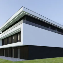 Wizualizacja nowoczesnego, dwukondygnacyjnego domu z płaskim dachem, białymi elewacjami i czarnymi akcentami. Oświetlenie LED podkreśla architekturę budynku.