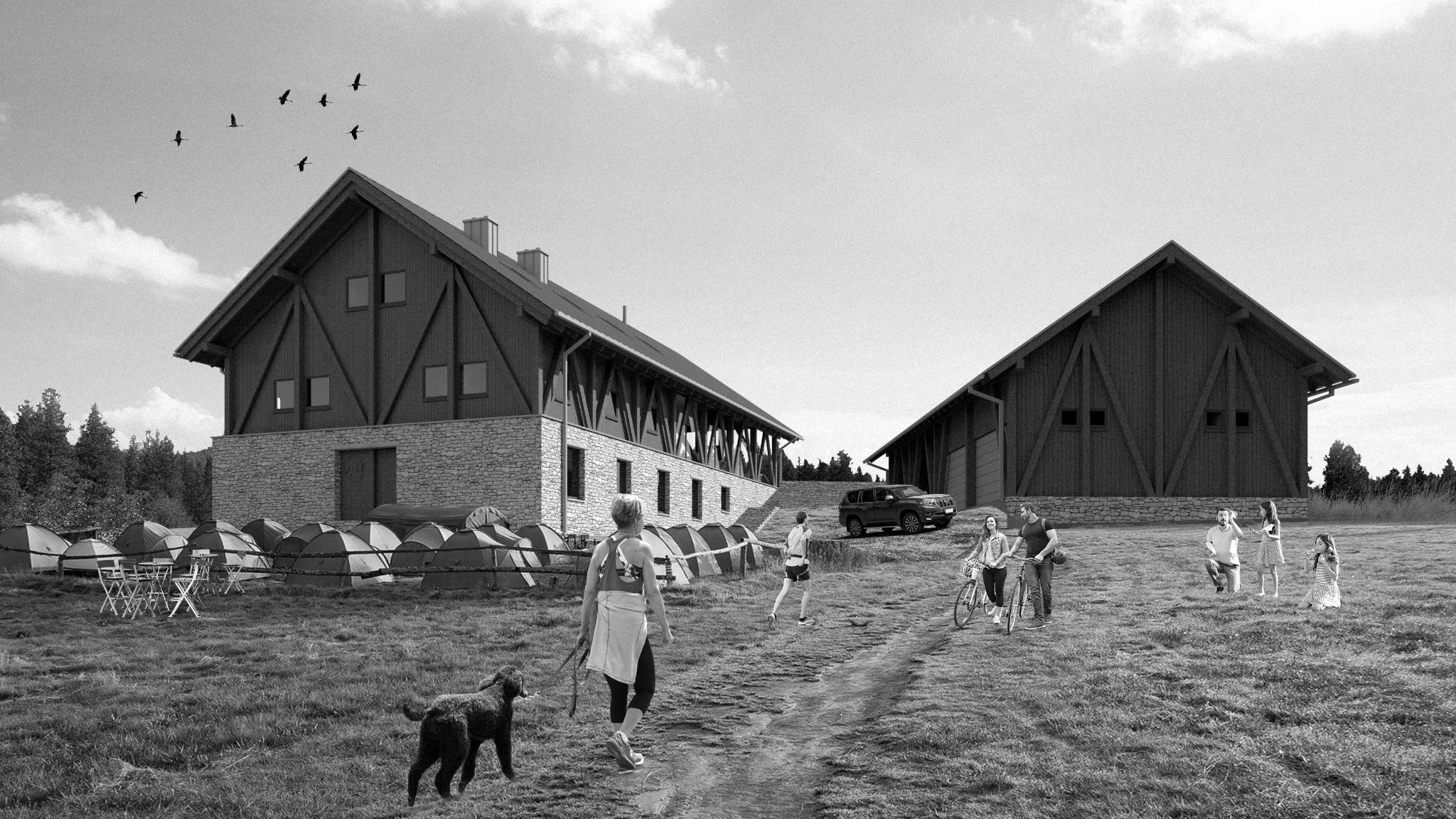 Wizualizacja projektu budynku usługowego z elementami drewna i kamienia, otoczonego polem namiotowym, z sylwetkami ludzi i samochodem w tle.