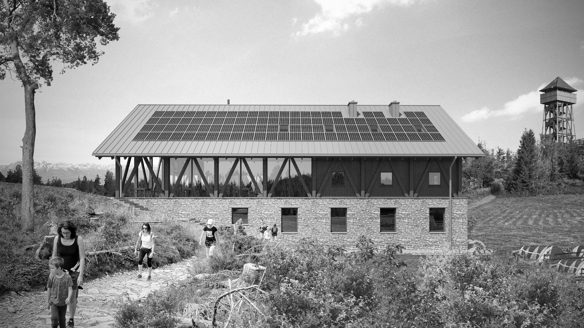 Czarno-biała wizualizacja budynku usługowego z panelami słonecznymi na dachu, widoczna wieża obserwacyjna w tle oraz turyści na ścieżce.